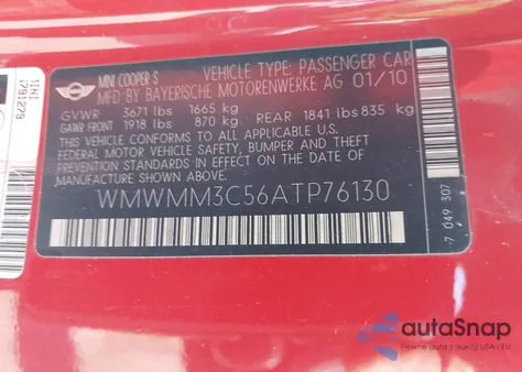 2010 Mini Cooper из США, поврежденный, VIN WMWMM3C56ATP76130